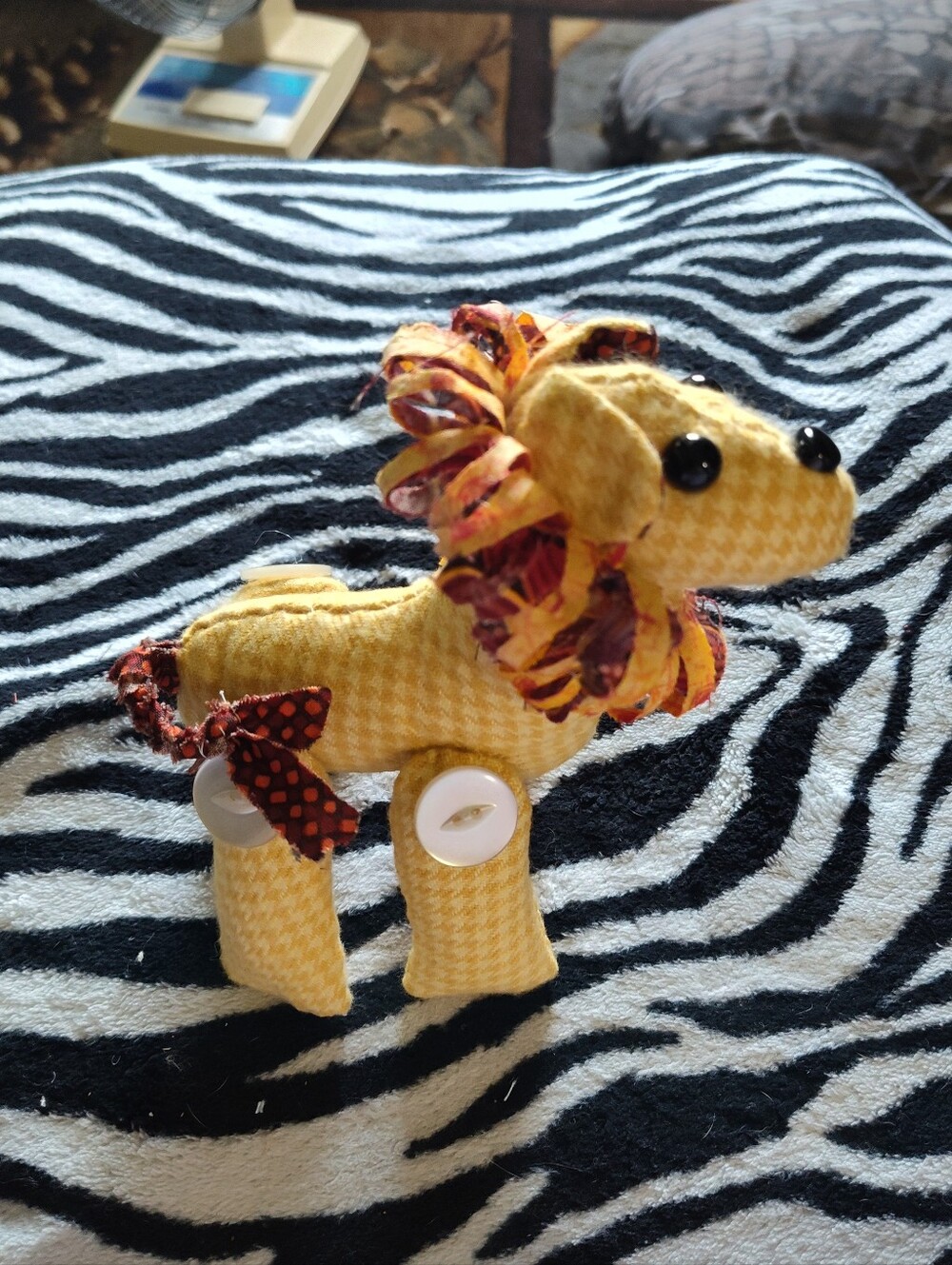Yellow Houndstooth Plush Lion Toy with Ribbon Mane